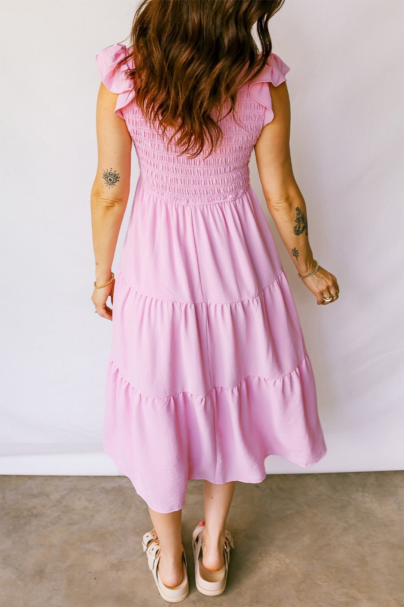 Pink Smocked Bodice Flutter Sleeve Fit Flare Tiered Midi Dress - Crowned Energy CO.