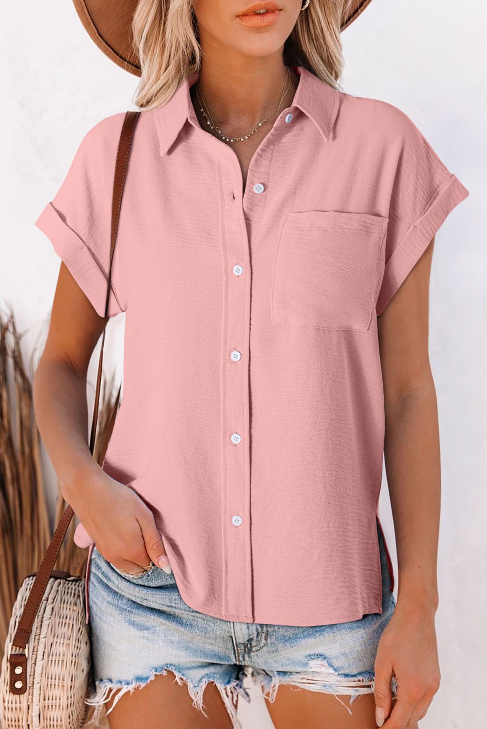 Pink Solid Color Cuffed Short Sleeve Shirt - Crowned Energy CO.