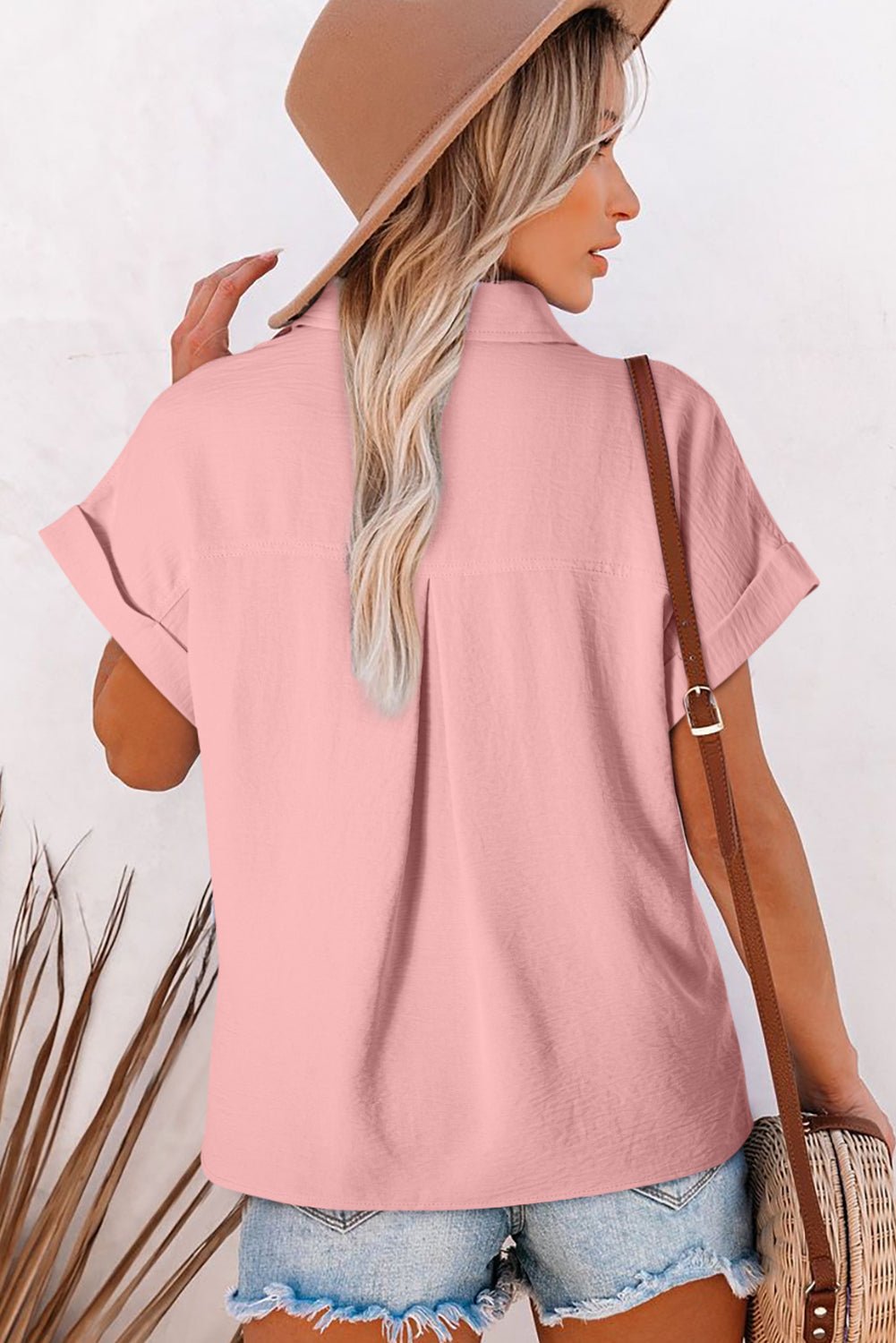Pink Solid Color Cuffed Short Sleeve Shirt - Crowned Energy CO.