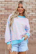 Crowned Energy CO. Pink Stripe / S / 70%Polyester+25%Cotton+5%Elastane Dear-Lover Dropshipping Tops/Sweatshirts & Hoodies Pink Stripe Contrast Trim High Low Pullover Tunic Sweatshirt