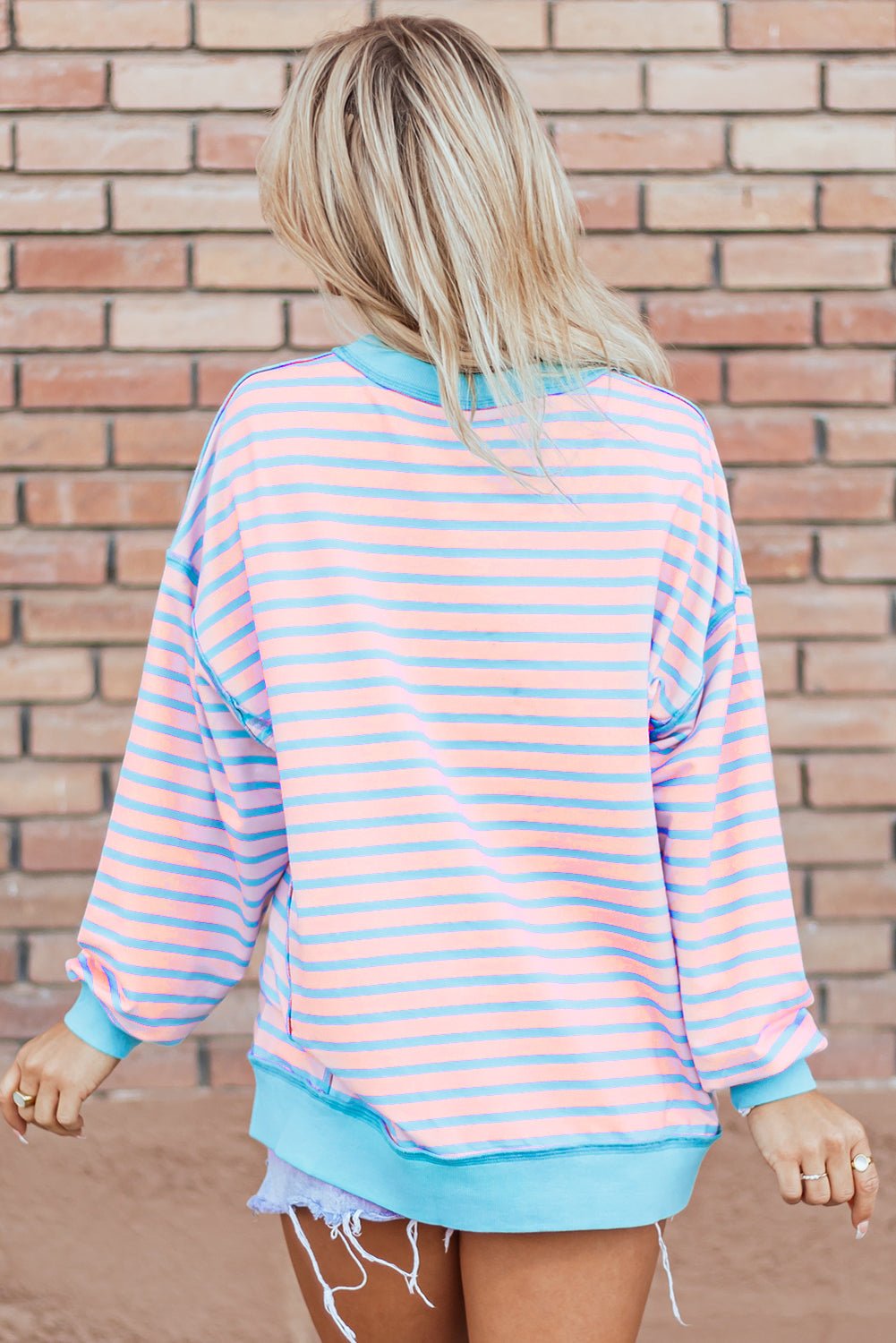 Crowned Energy CO. Pink Stripe / S / 70%Polyester+25%Cotton+5%Elastane Dear-Lover Dropshipping Tops/Sweatshirts & Hoodies Pink Stripe Contrast Trim High Low Pullover Tunic Sweatshirt