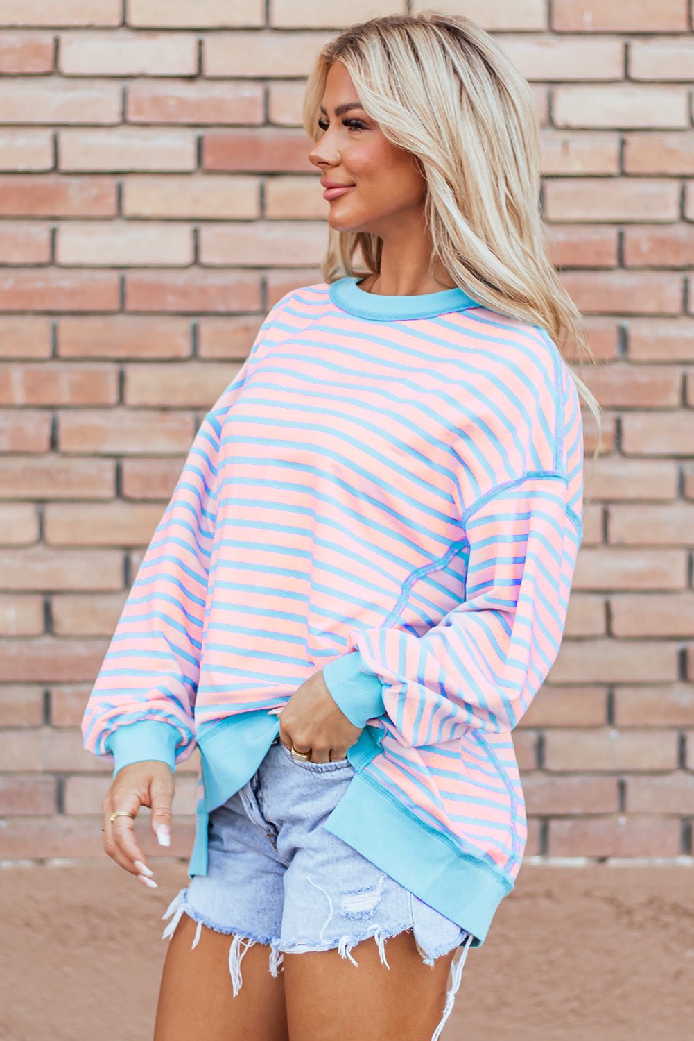 Crowned Energy CO. Pink Stripe / S / 70%Polyester+25%Cotton+5%Elastane Dear-Lover Dropshipping Tops/Sweatshirts & Hoodies Pink Stripe Contrast Trim High Low Pullover Tunic Sweatshirt