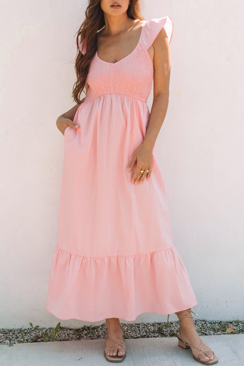 Pink V Neck Flutter Sleeve Smocked Bodice High Waist Ruffle Maxi Dress - Crowned Energy CO.