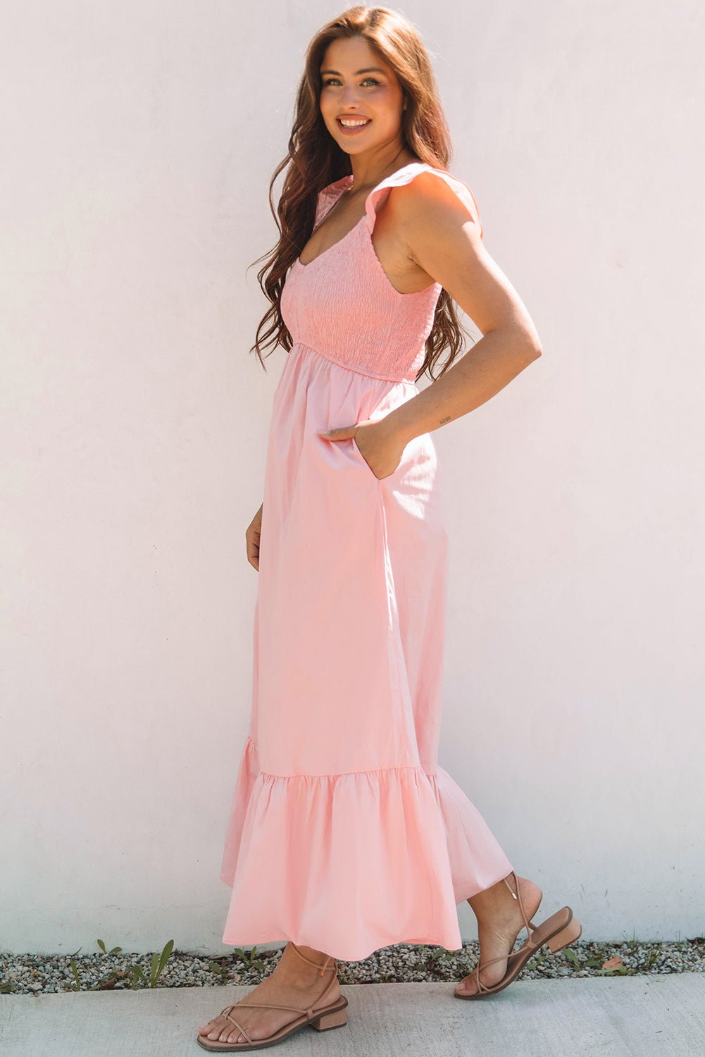 Pink V Neck Flutter Sleeve Smocked Bodice High Waist Ruffle Maxi Dress - Crowned Energy CO.