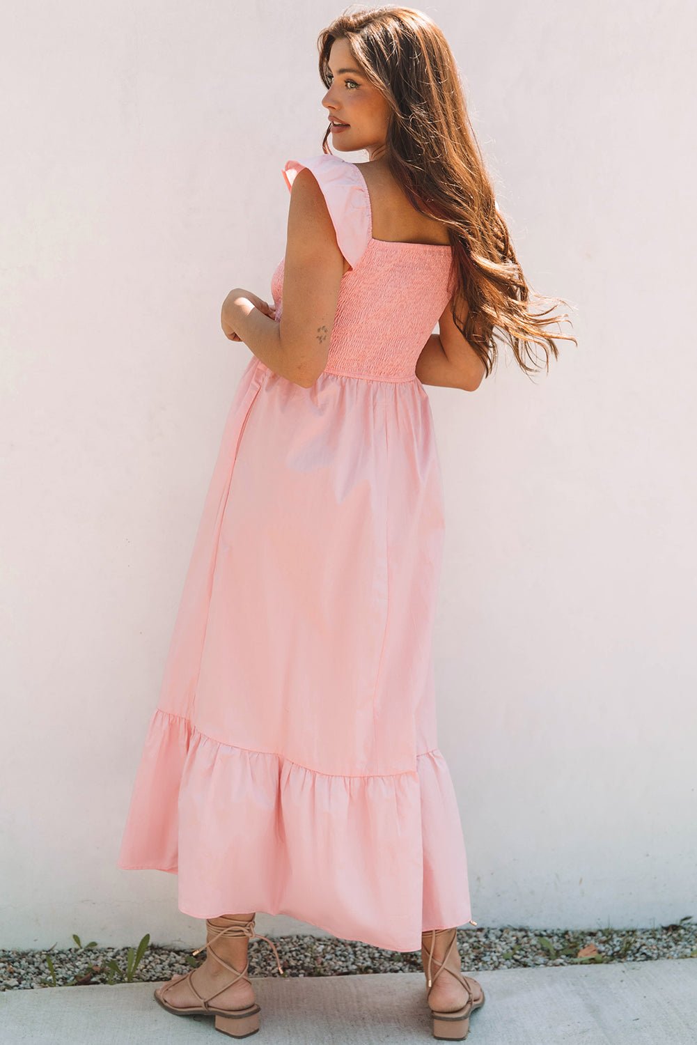 Pink V Neck Flutter Sleeve Smocked Bodice High Waist Ruffle Maxi Dress - Crowned Energy CO.