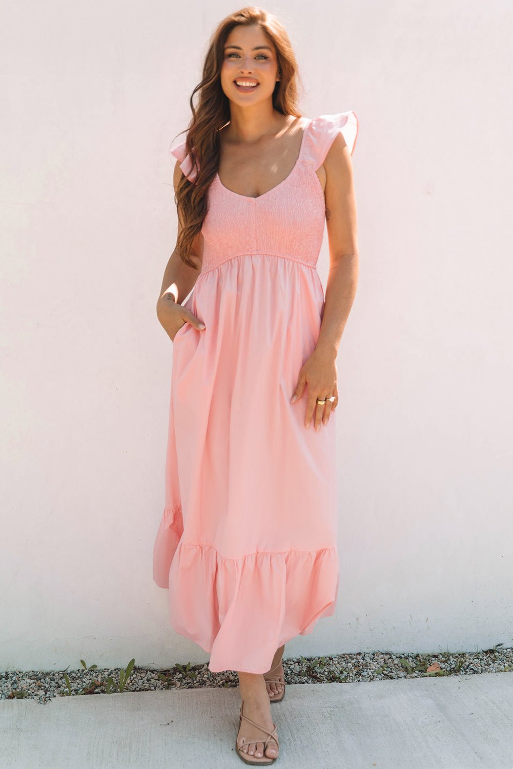 Pink V Neck Flutter Sleeve Smocked Bodice High Waist Ruffle Maxi Dress - Crowned Energy CO.