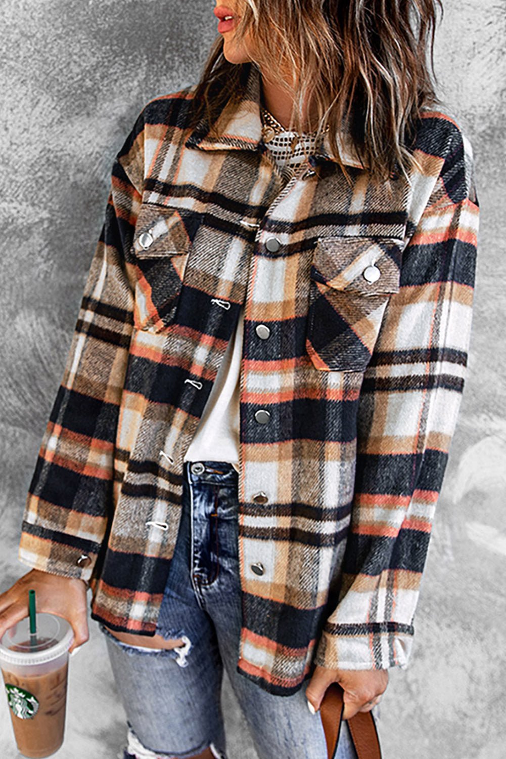 Plaid Button Front Shirt Jacket with Breast Pockets - Crowned Energy CO.