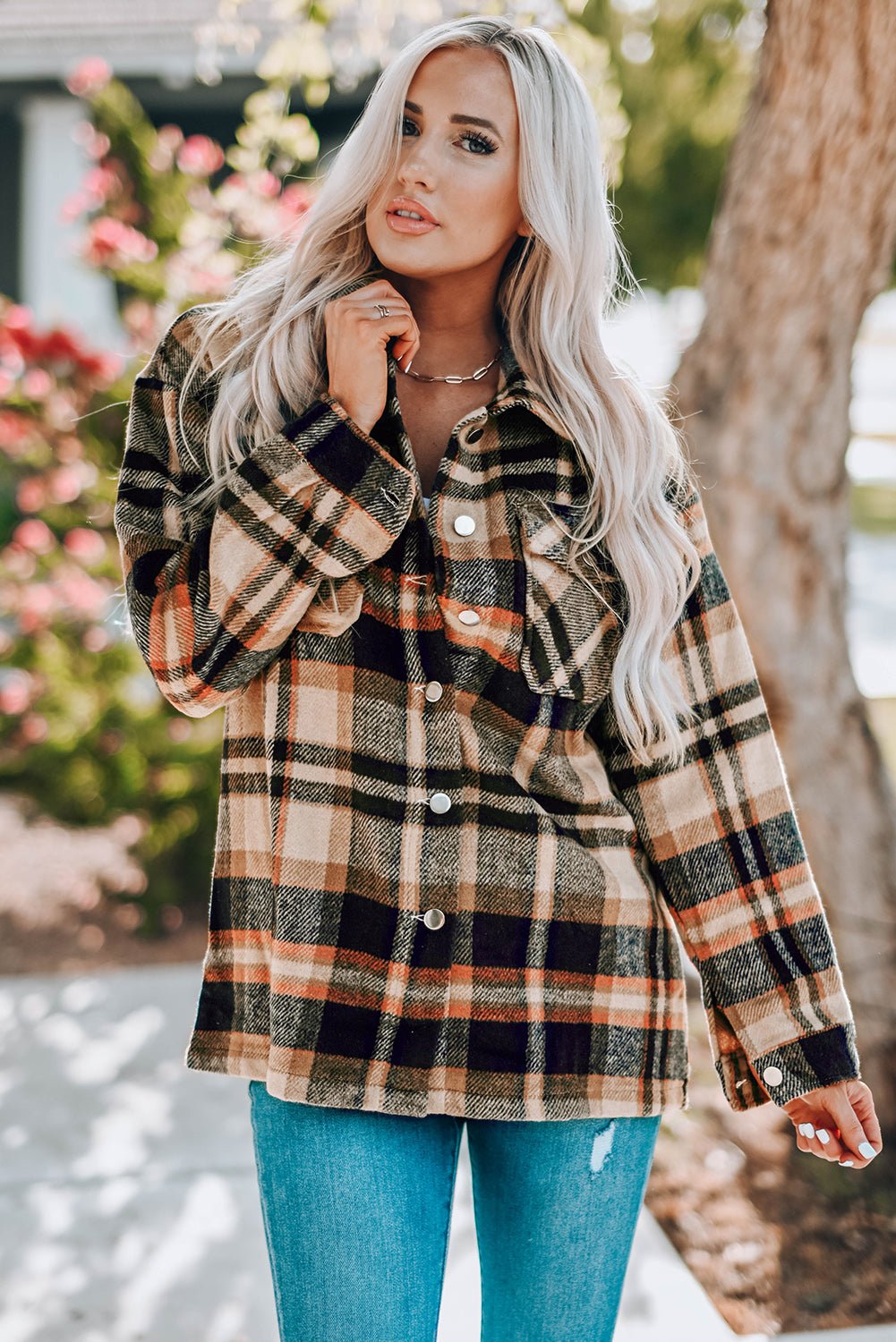 Plaid Button Front Shirt Jacket with Breast Pockets - Crowned Energy CO.