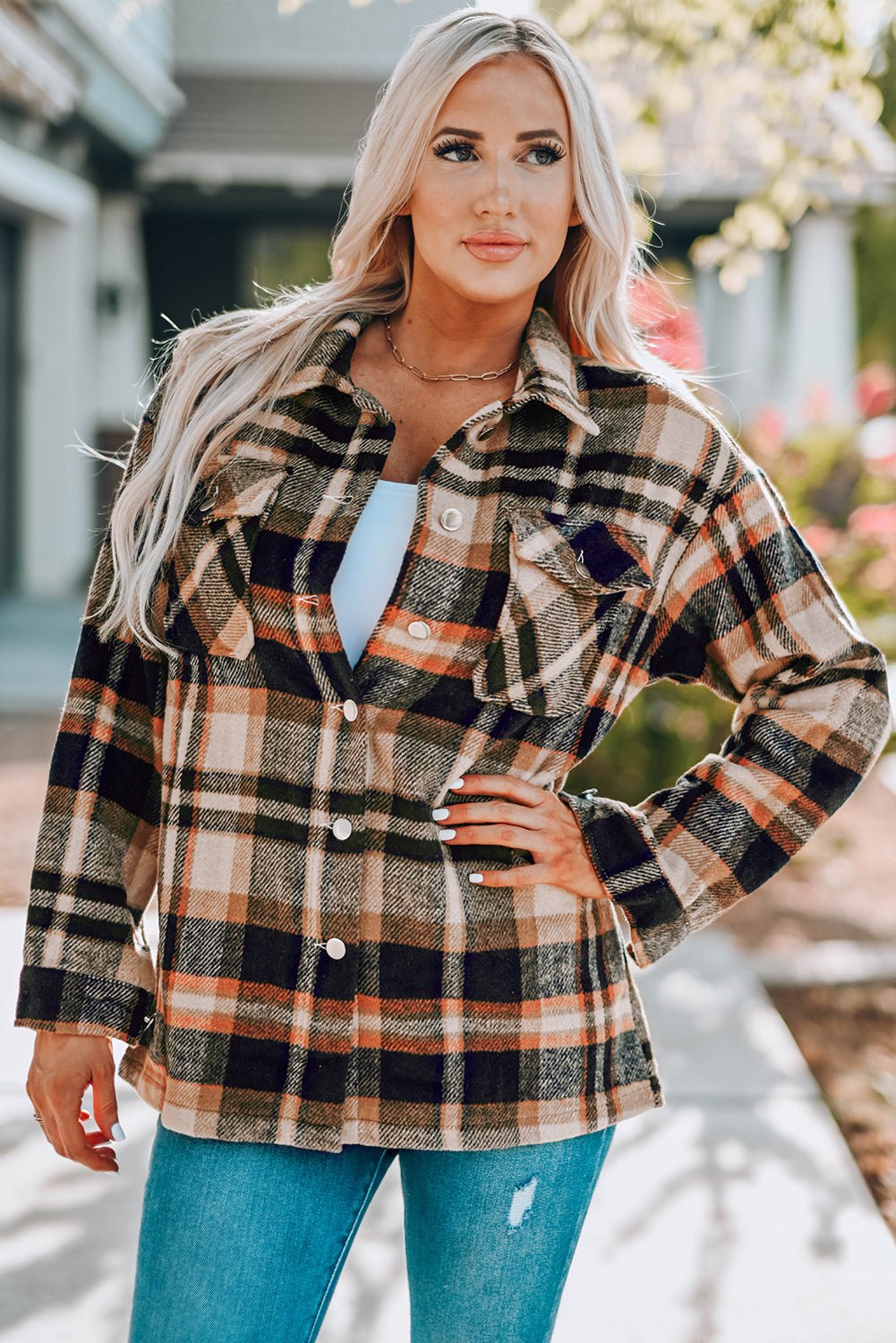 Plaid Button Front Shirt Jacket with Breast Pockets - Crowned Energy CO.