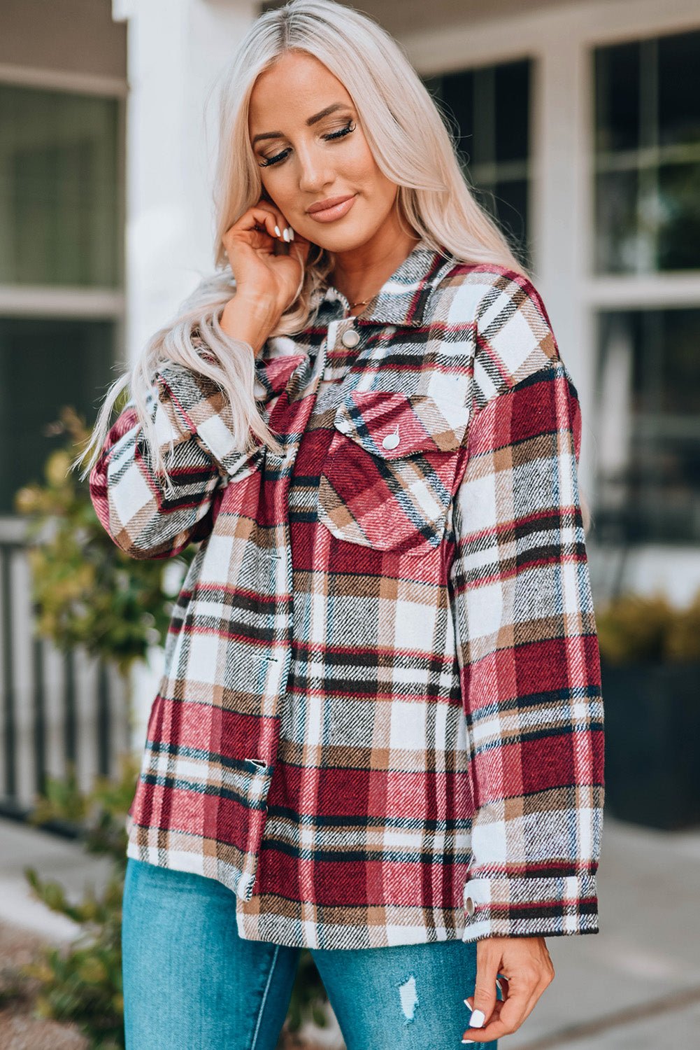 Plaid Button Front Shirt Jacket with Breast Pockets - Crowned Energy CO.