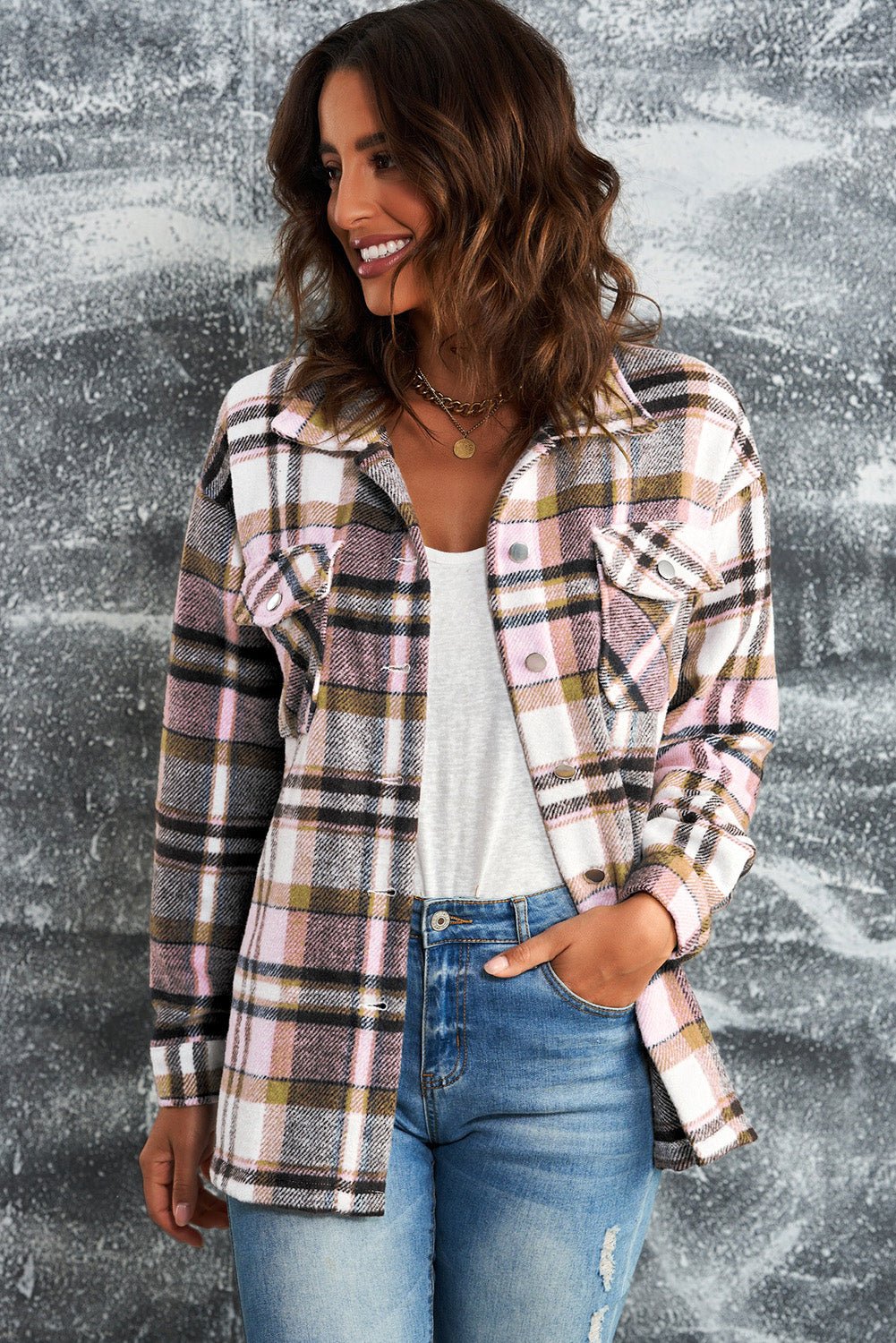 Plaid Button Front Shirt Jacket with Breast Pockets - Crowned Energy CO.