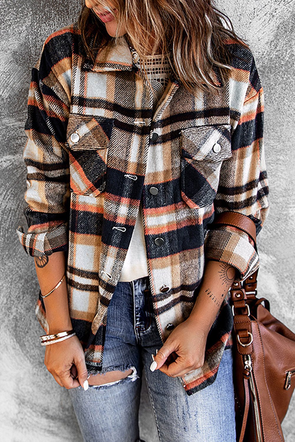 Plaid Button Front Shirt Jacket with Breast Pockets - Crowned Energy CO.