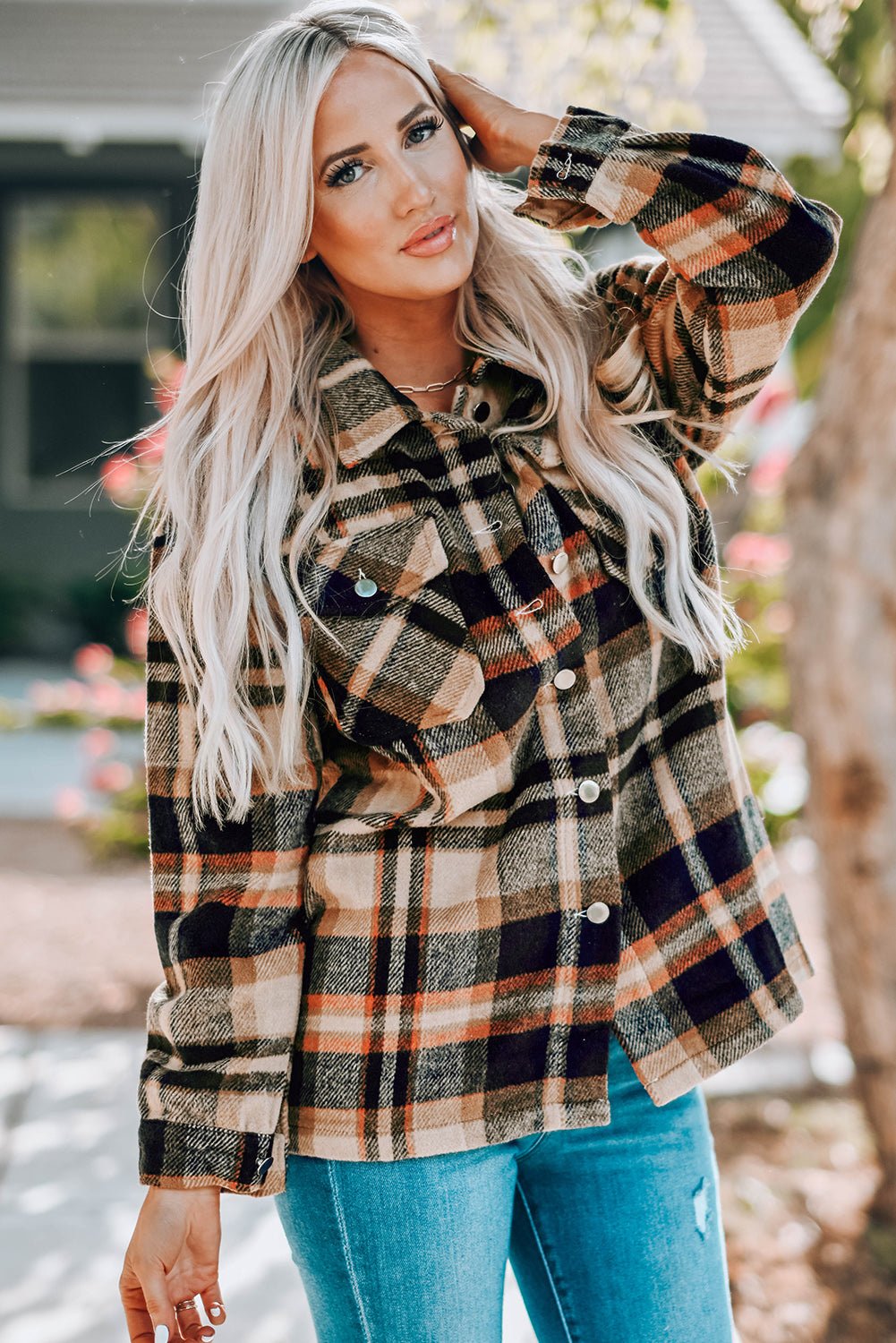 Plaid Button Front Shirt Jacket with Breast Pockets - Crowned Energy CO.