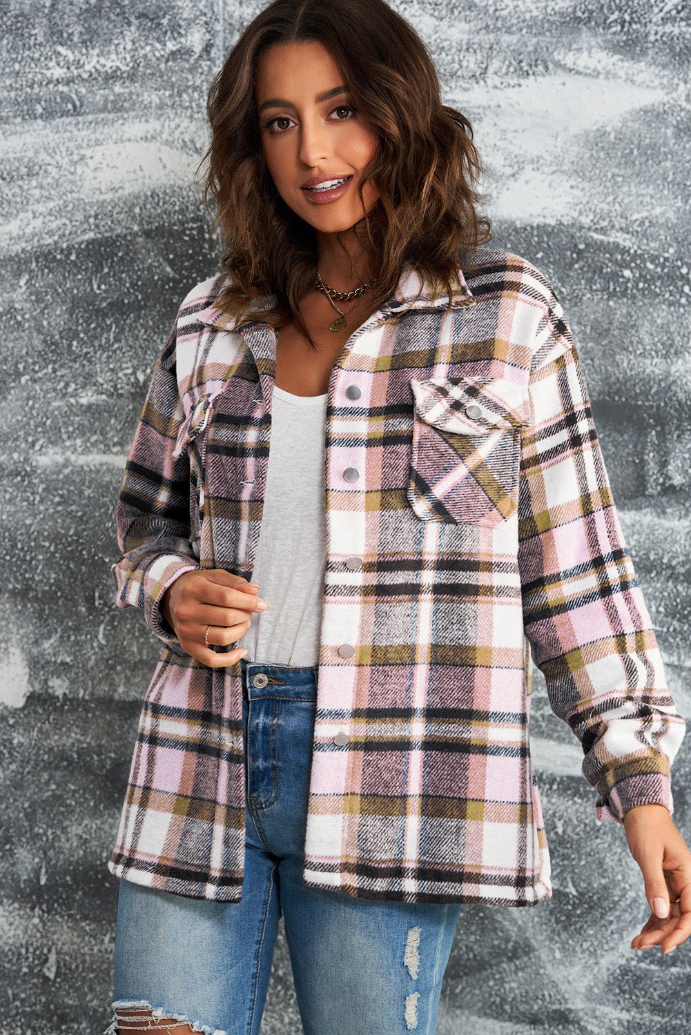Plaid Button Front Shirt Jacket with Breast Pockets - Crowned Energy CO.