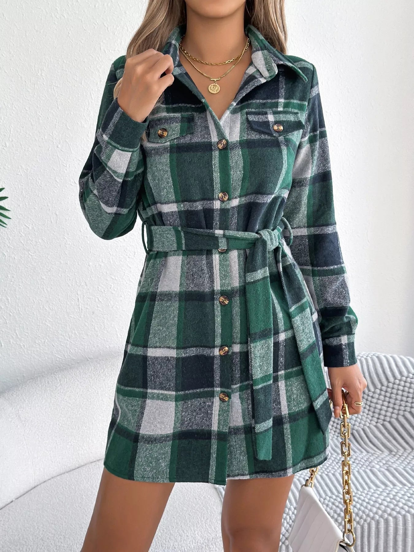 Crowned Energy CO. Green / S Trendsi Dresses Plaid Button Front Tie Waist Shirt Dress