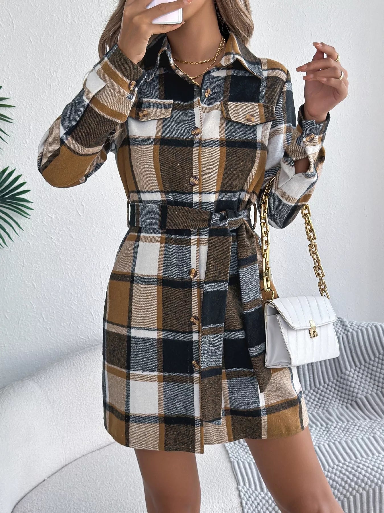 Crowned Energy CO. Green / S Trendsi Dresses Plaid Button Front Tie Waist Shirt Dress