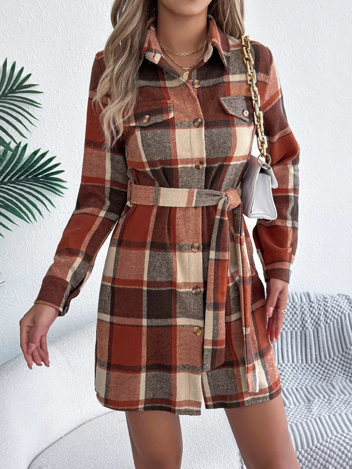Crowned Energy CO. Orange / S Trendsi Dresses Plaid Button Front Tie Waist Shirt Dress