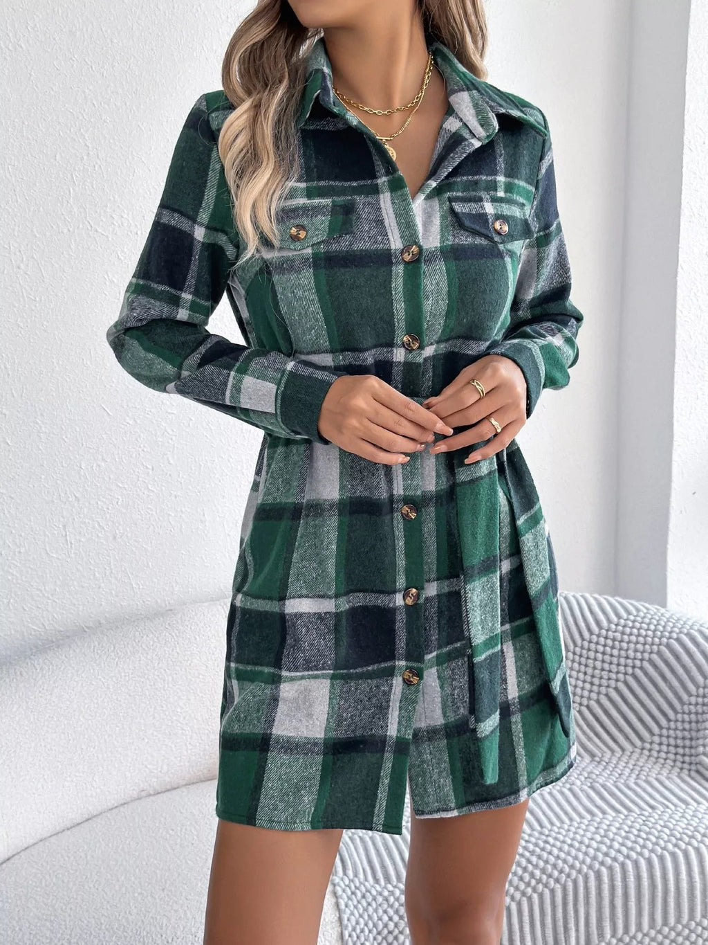 Crowned Energy CO. Green / S Trendsi Dresses Plaid Button Front Tie Waist Shirt Dress