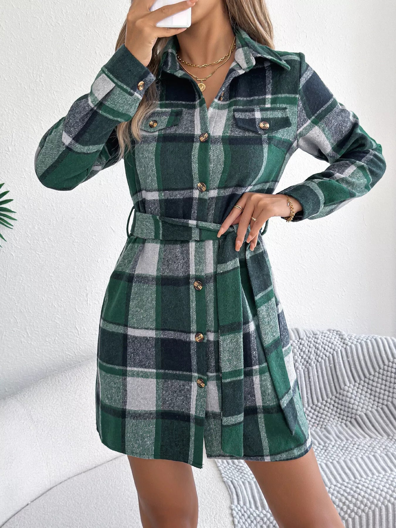 Crowned Energy CO. Green / S Trendsi Dresses Plaid Button Front Tie Waist Shirt Dress