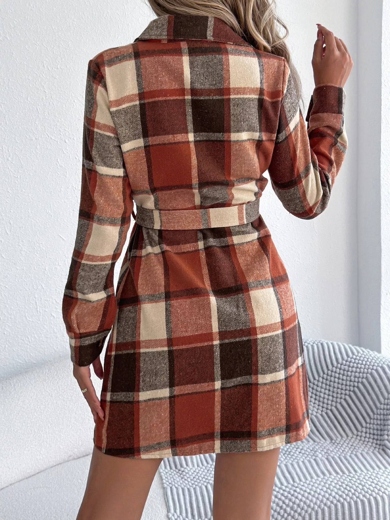 Crowned Energy CO. Green / S Trendsi Dresses Plaid Button Front Tie Waist Shirt Dress