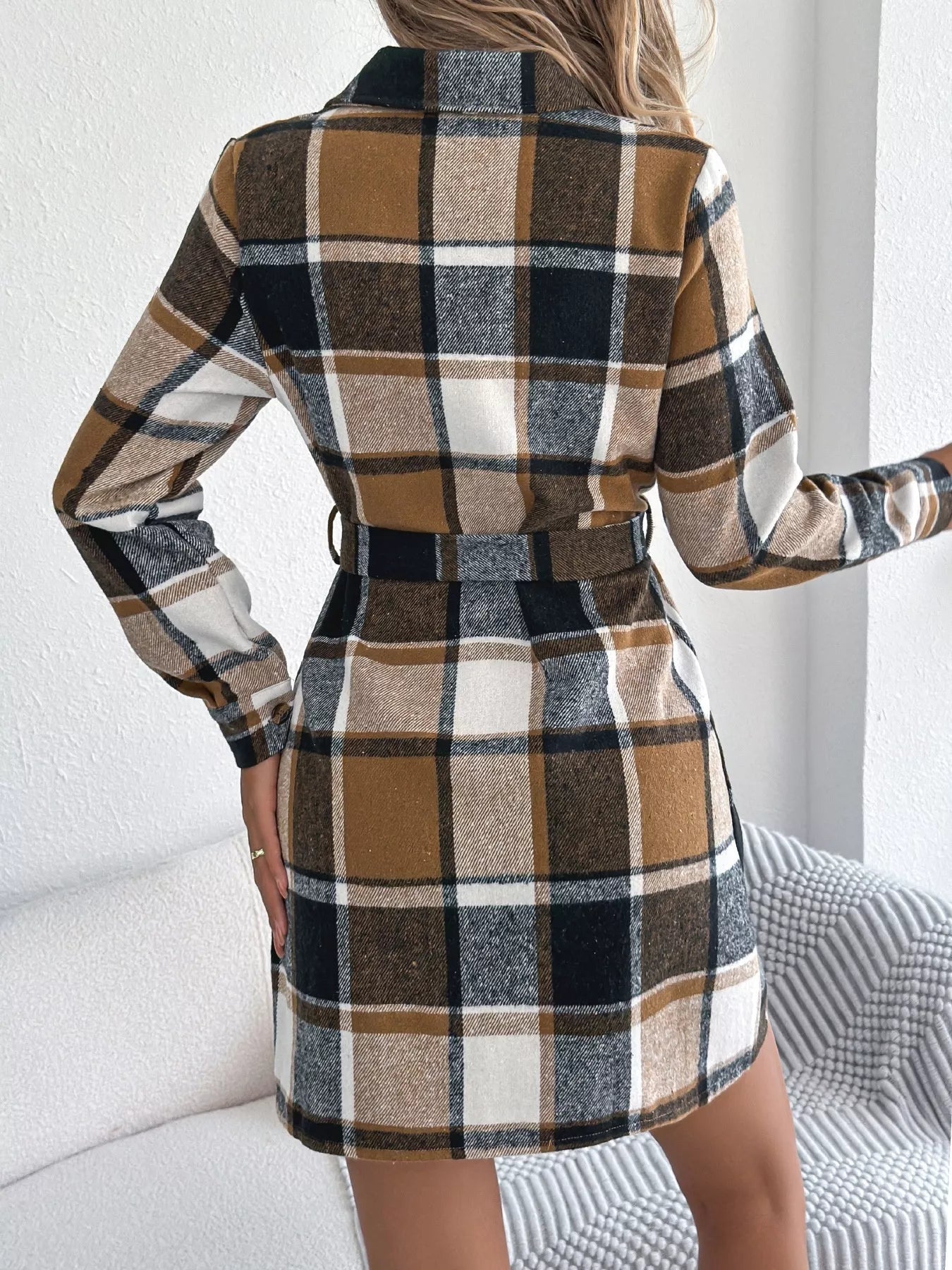 Crowned Energy CO. Green / S Trendsi Dresses Plaid Button Front Tie Waist Shirt Dress