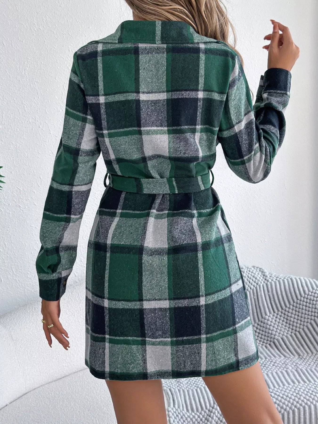 Crowned Energy CO. Green / S Trendsi Dresses Plaid Button Front Tie Waist Shirt Dress
