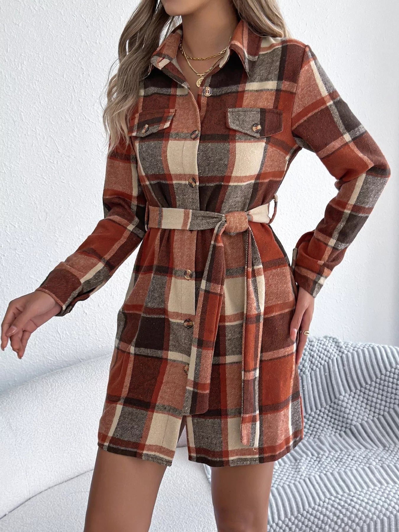 Crowned Energy CO. Green / S Trendsi Dresses Plaid Button Front Tie Waist Shirt Dress
