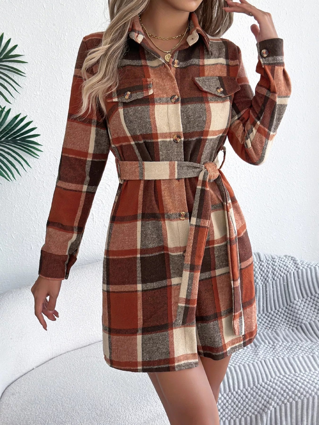 Crowned Energy CO. Green / S Trendsi Dresses Plaid Button Front Tie Waist Shirt Dress