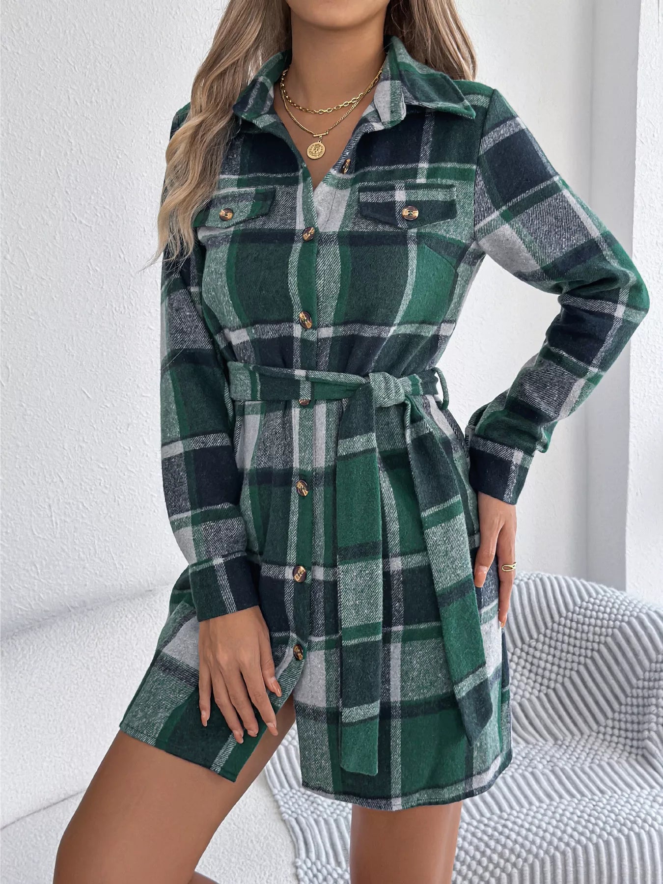 Crowned Energy CO. Green / S Trendsi Dresses Plaid Button Front Tie Waist Shirt Dress