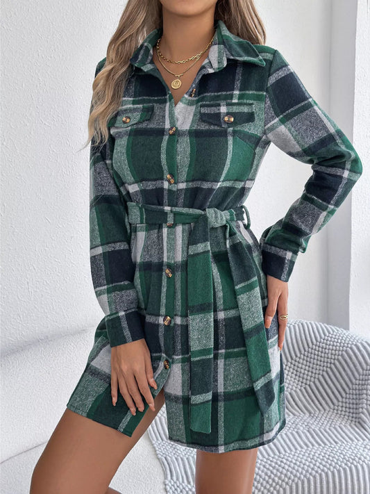Crowned Energy CO. Green / S Trendsi Dresses Plaid Button Front Tie Waist Shirt Dress