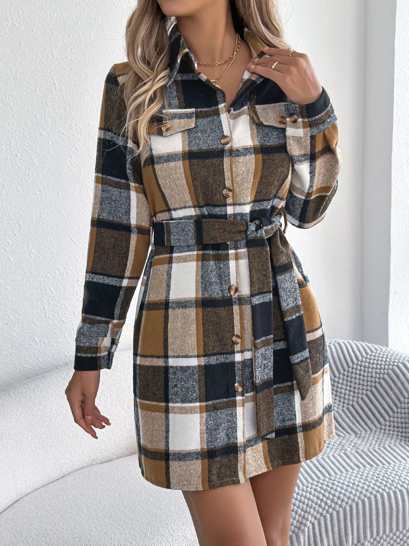 Crowned Energy CO. Green / S Trendsi Dresses Plaid Button Front Tie Waist Shirt Dress