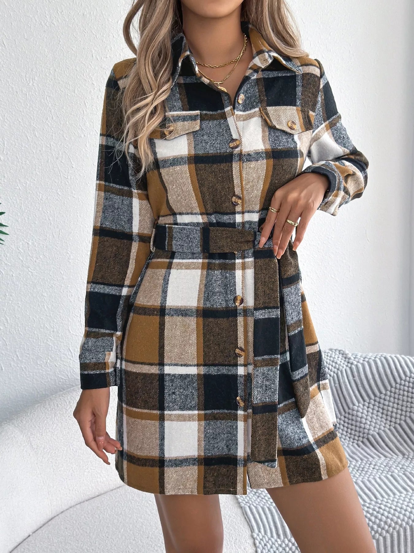 Crowned Energy CO. Green / S Trendsi Dresses Plaid Button Front Tie Waist Shirt Dress