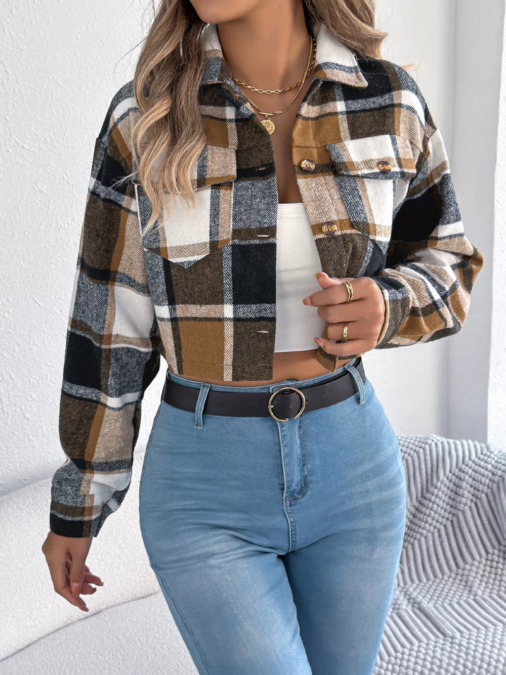 Crowned Energy CO. Orange / S Trendsi COAT & JACKETS Plaid Button Up Cropped Jacket