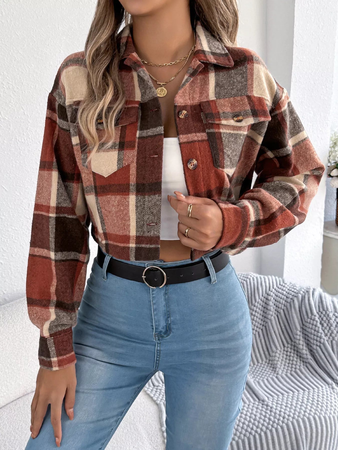 Crowned Energy CO. Orange / S Trendsi COAT & JACKETS Plaid Button Up Cropped Jacket