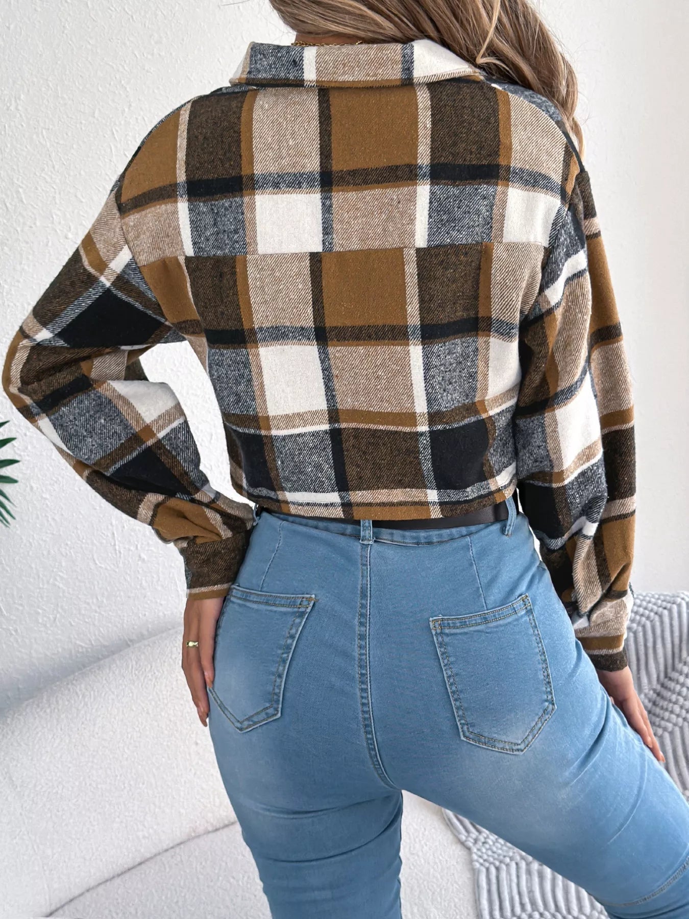 Crowned Energy CO. Orange / S Trendsi COAT & JACKETS Plaid Button Up Cropped Jacket