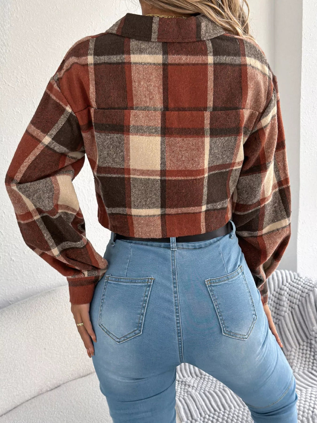 Crowned Energy CO. Orange / S Trendsi COAT & JACKETS Plaid Button Up Cropped Jacket