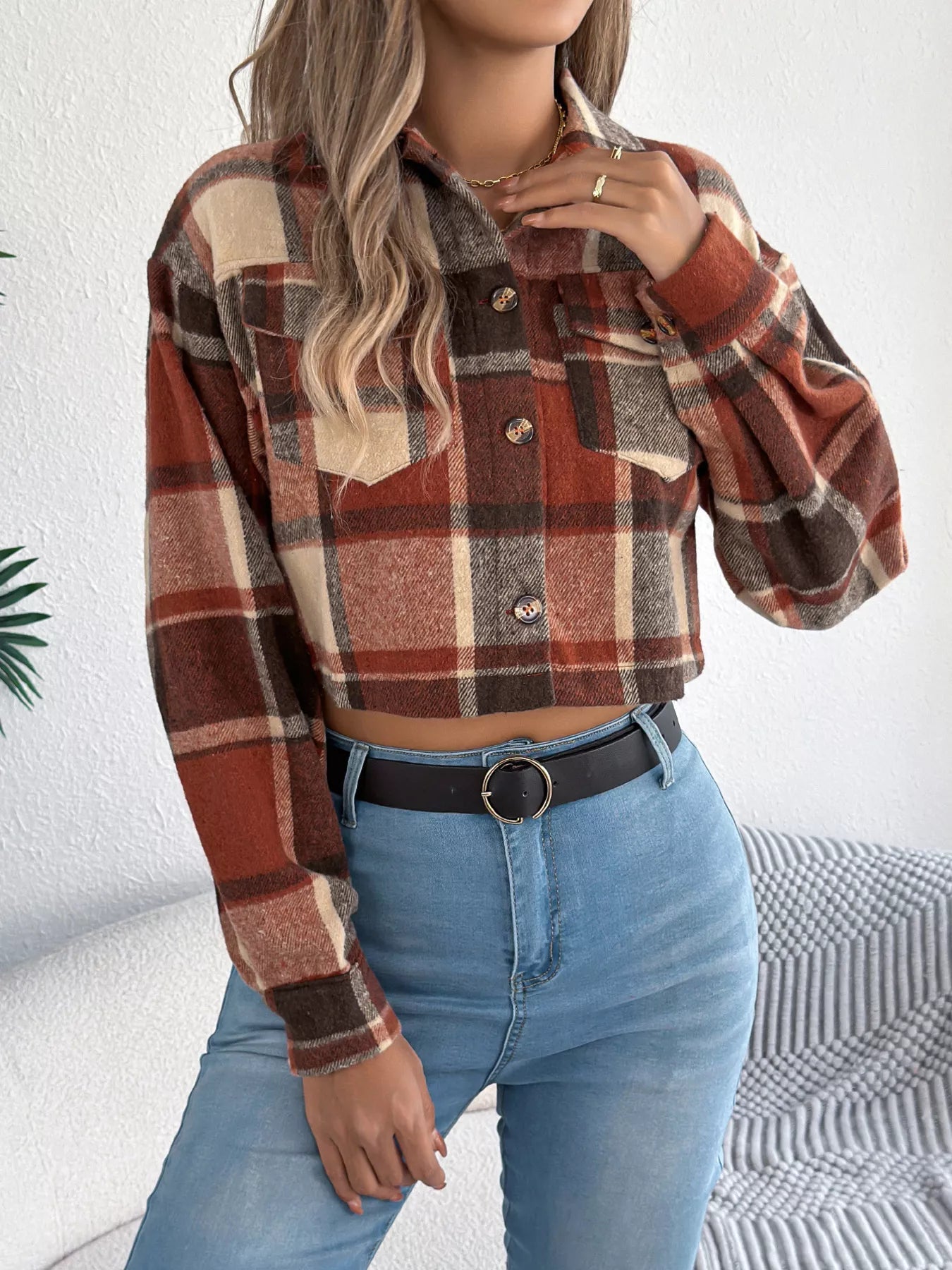 Crowned Energy CO. Orange / S Trendsi COAT & JACKETS Plaid Button Up Cropped Jacket