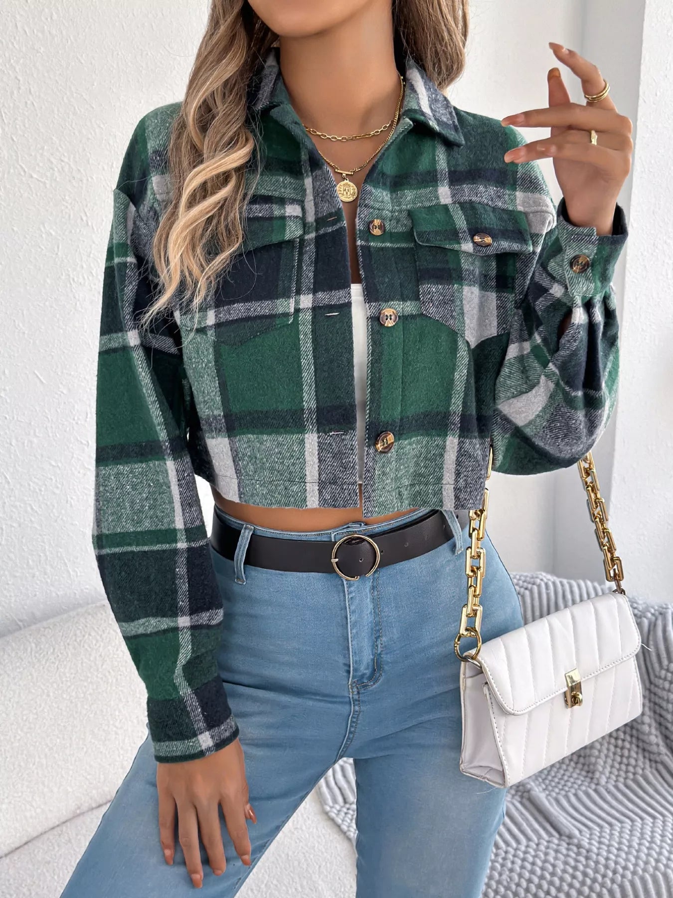 Crowned Energy CO. Orange / S Trendsi COAT & JACKETS Plaid Button Up Cropped Jacket