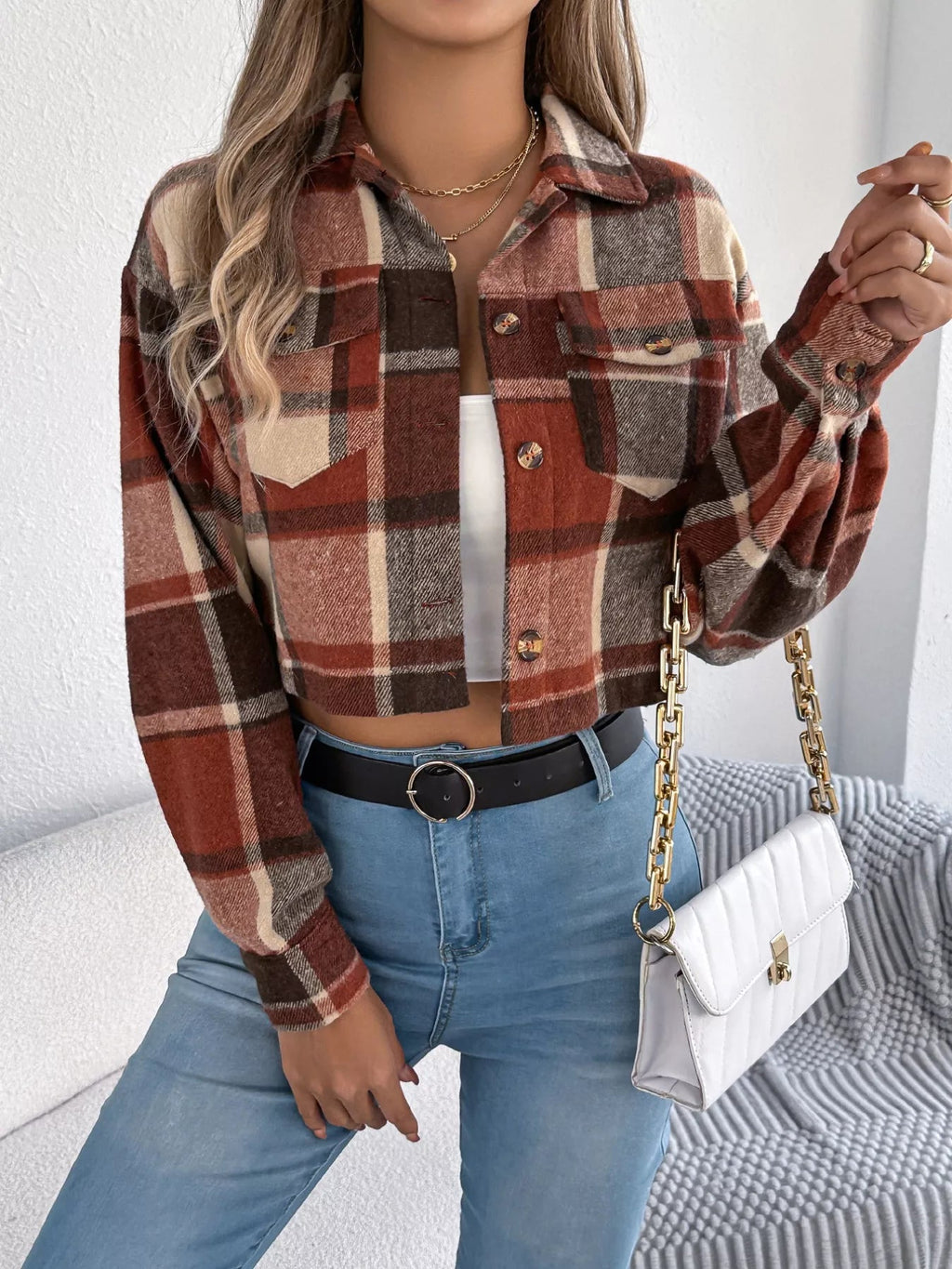 Crowned Energy CO. Orange / S Trendsi COAT & JACKETS Plaid Button Up Cropped Jacket