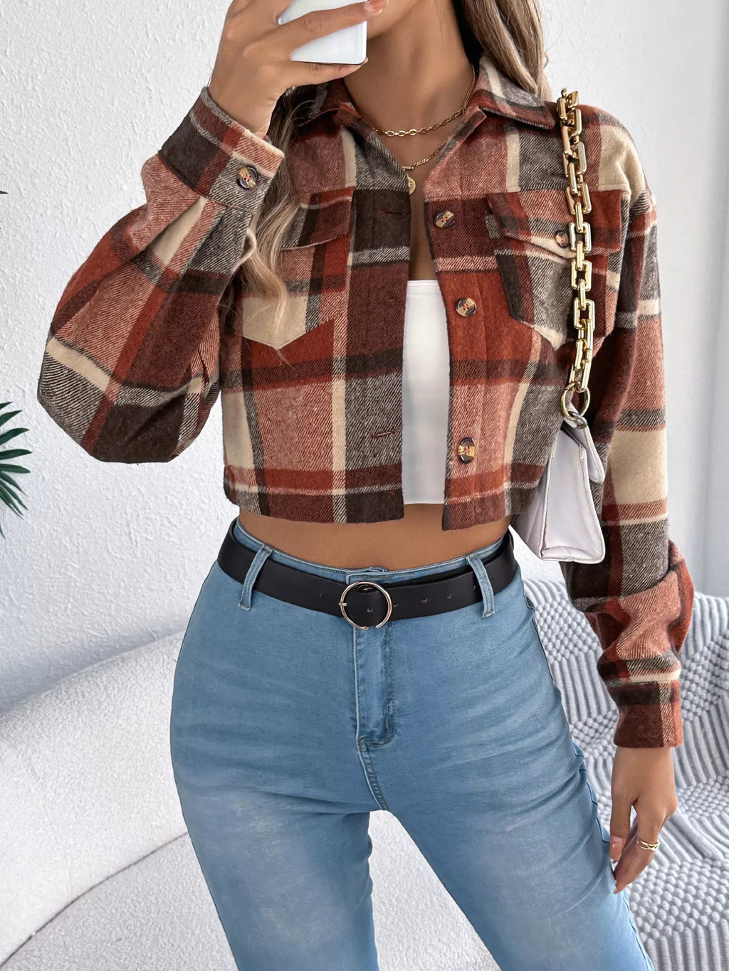 Crowned Energy CO. Orange / S Trendsi COAT & JACKETS Plaid Button Up Cropped Jacket
