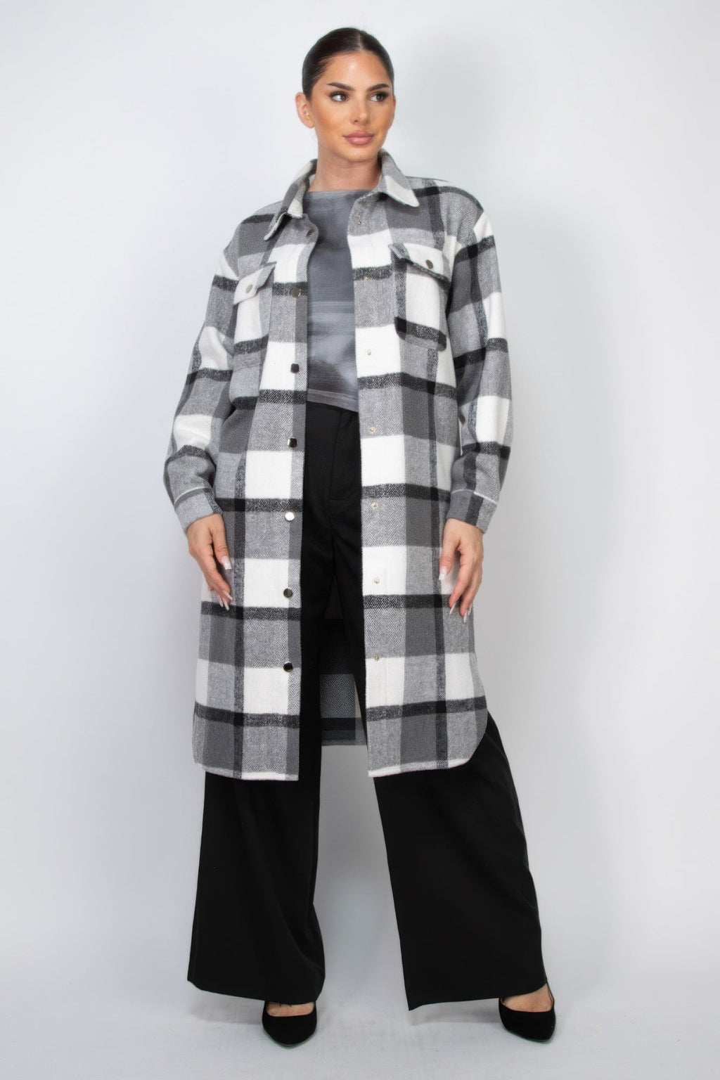 Crowned Energy CO. S CCWHOLESALECLOTHING over Coat & Jacket Plaid Buttoned Shacket Coat