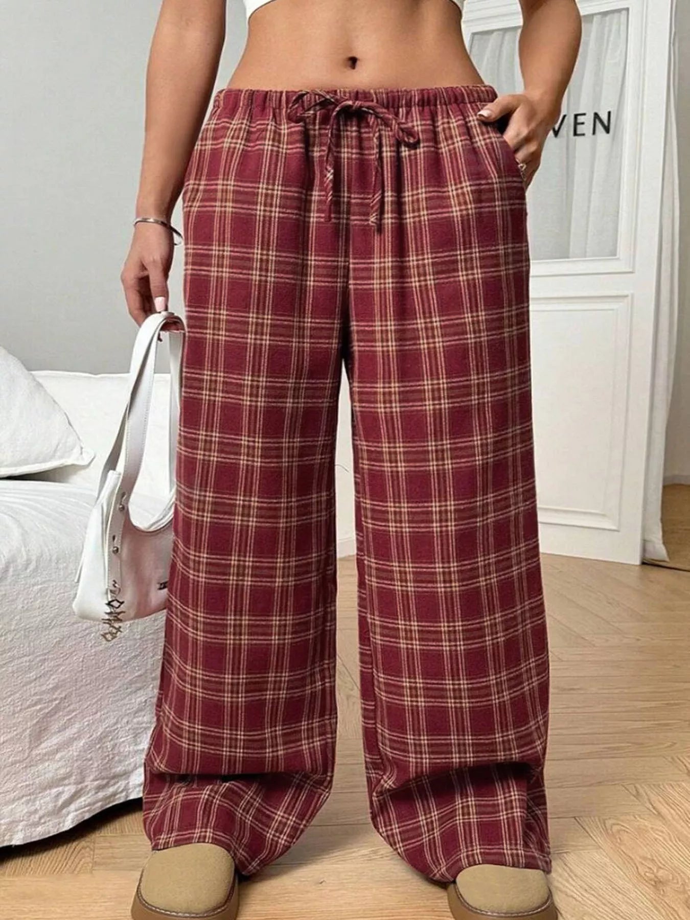 Crowned Energy CO. Deep Red / S Trendsi Loungewear & Sleepwear/Sleepwear Plaid Drawstring Wide Leg Pants