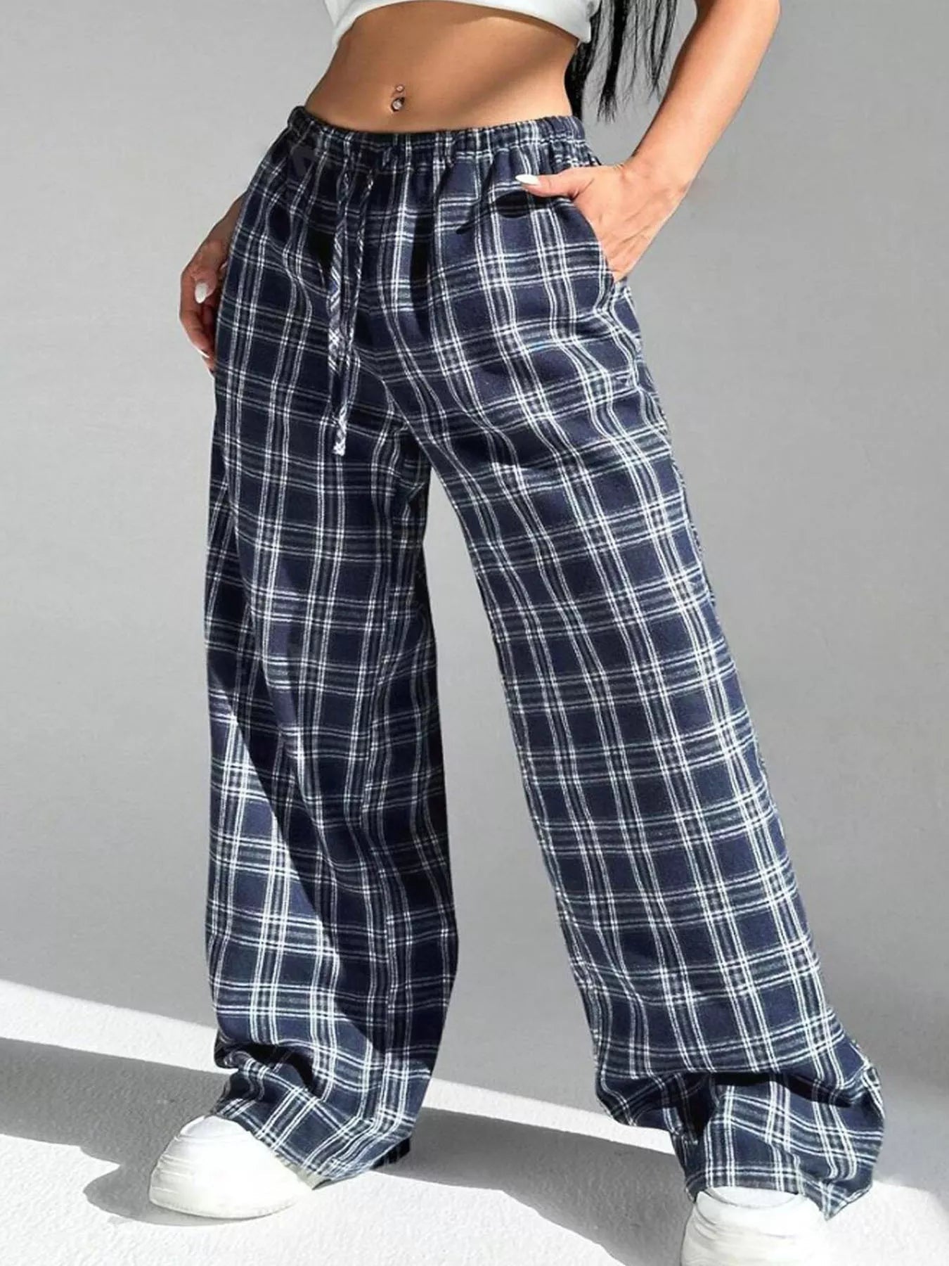Crowned Energy CO. Navy / S Trendsi Loungewear & Sleepwear/Sleepwear Plaid Drawstring Wide Leg Pants