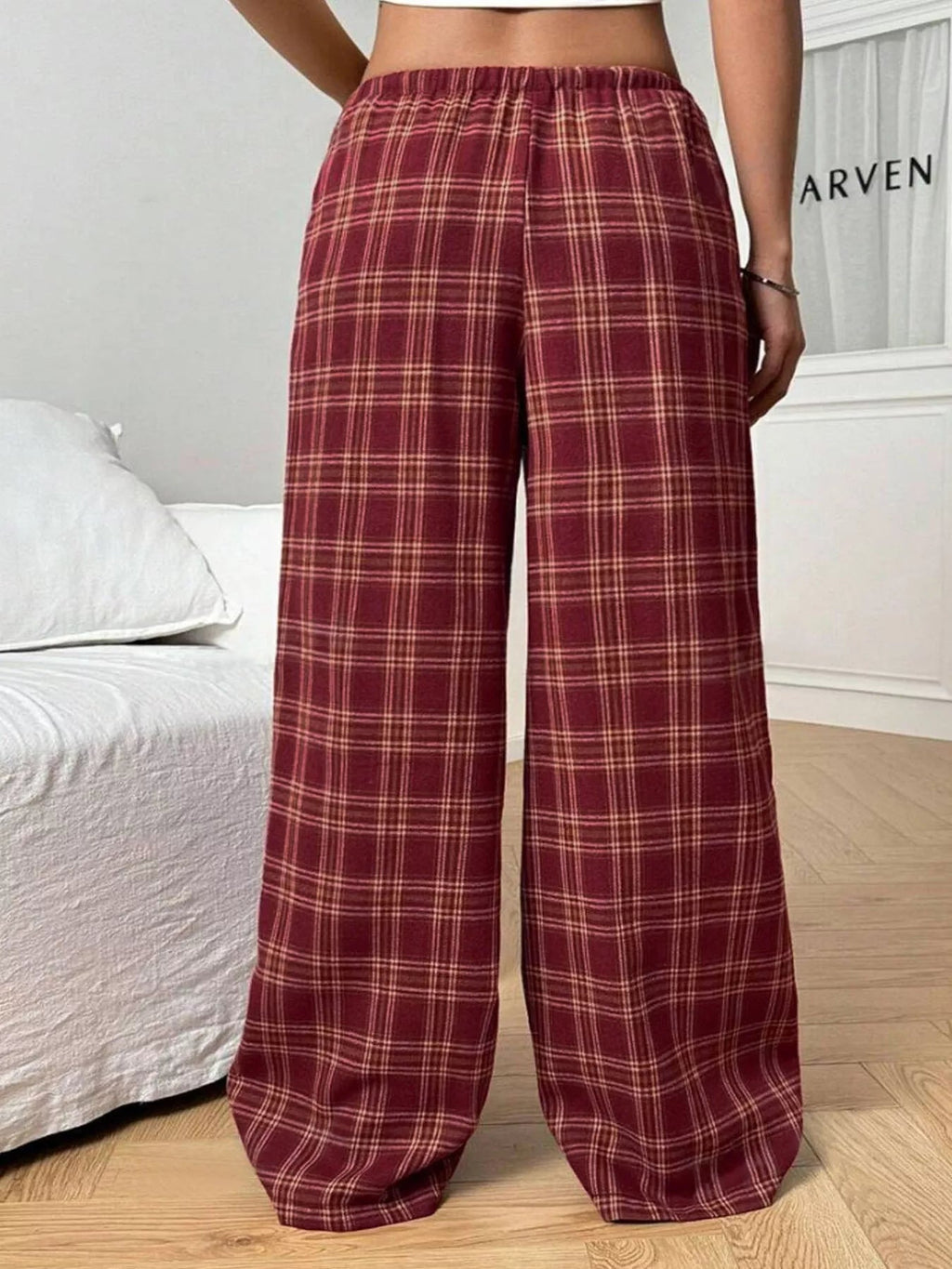 Crowned Energy CO. Deep Red / S Trendsi Loungewear & Sleepwear/Sleepwear Plaid Drawstring Wide Leg Pants