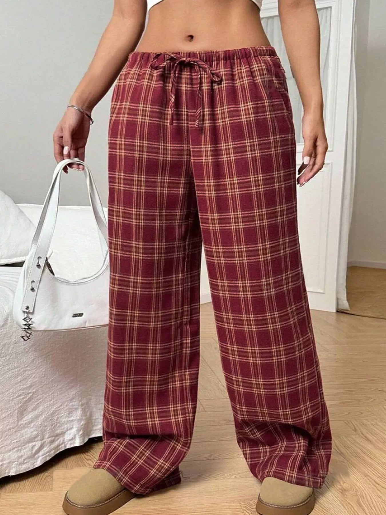 Crowned Energy CO. Deep Red / S Trendsi Loungewear & Sleepwear/Sleepwear Plaid Drawstring Wide Leg Pants