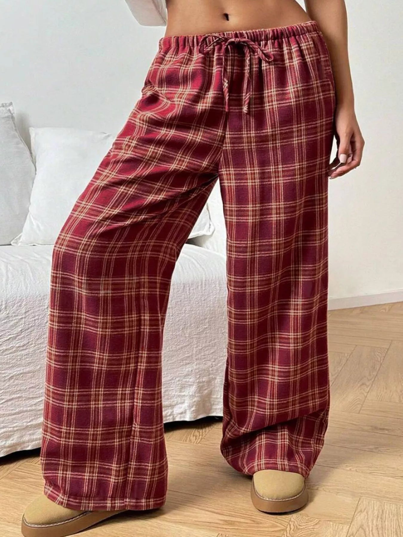 Crowned Energy CO. Deep Red / S Trendsi Loungewear & Sleepwear/Sleepwear Plaid Drawstring Wide Leg Pants