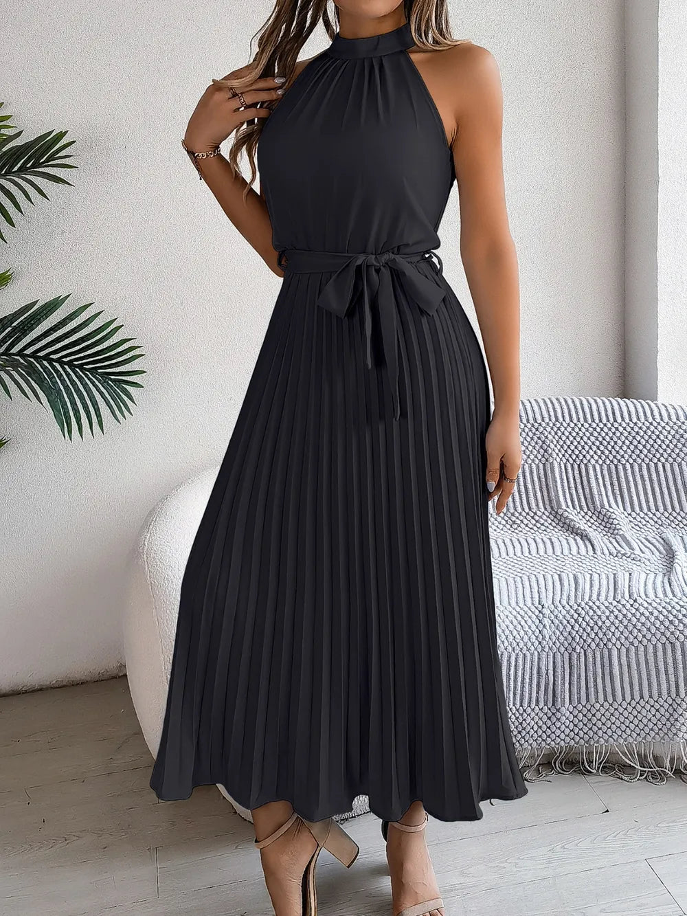 Pleated Tie Waist Sleeveless Midi Dress - Crowned Energy CO.