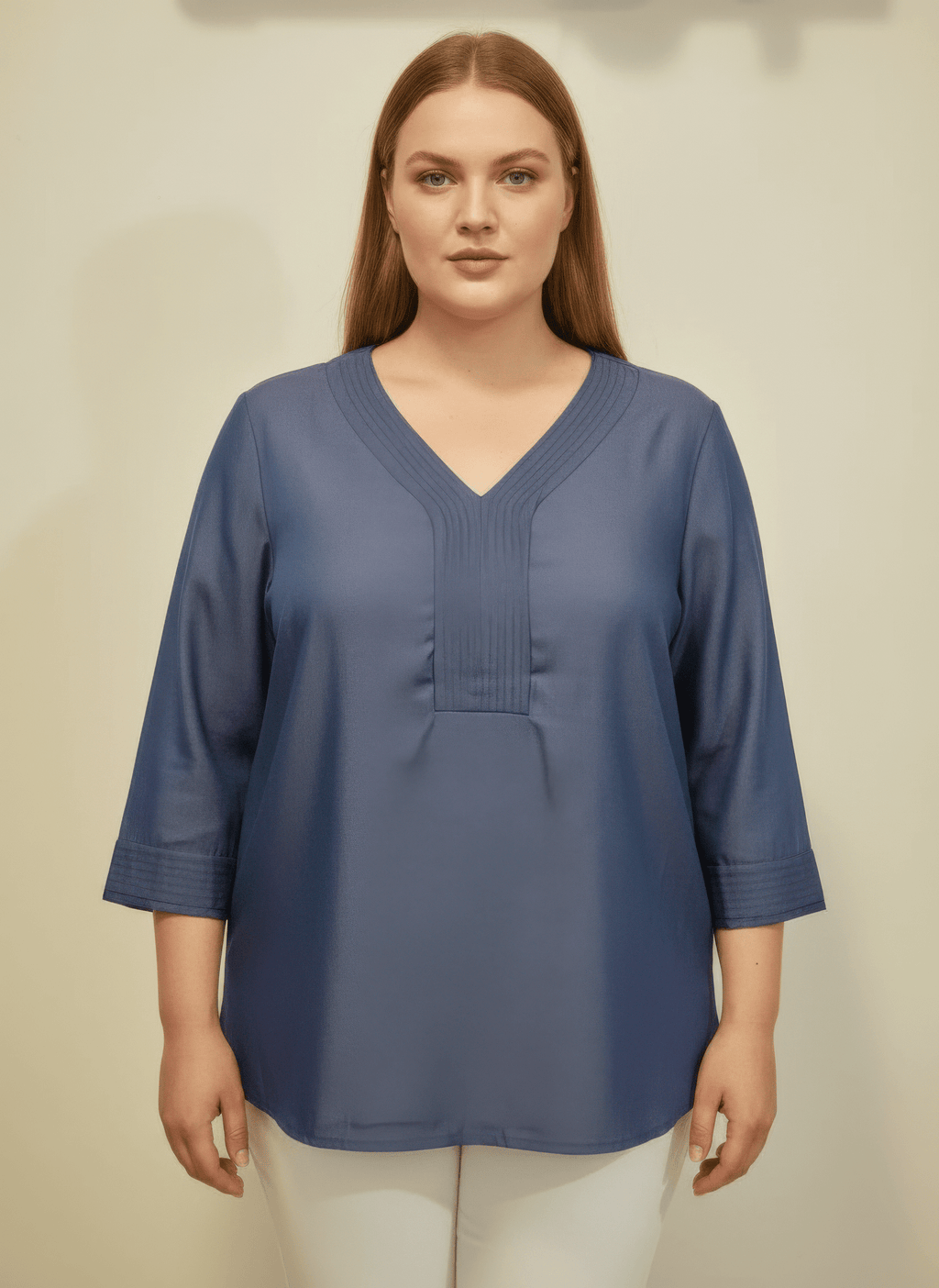 Pleated V - neck Three - quarter Sleeve Knit Top - Crowned Energy CO.