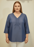 Pleated V - neck Three - quarter Sleeve Knit Top - Crowned Energy CO.