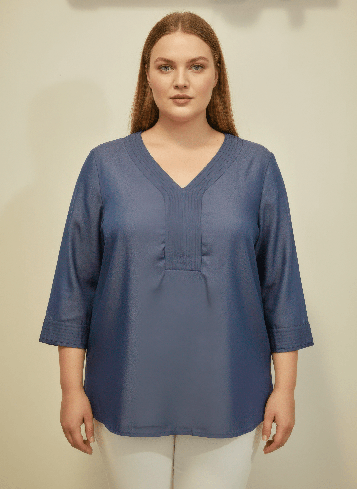 Pleated V - neck Three - quarter Sleeve Knit Top - Crowned Energy CO.
